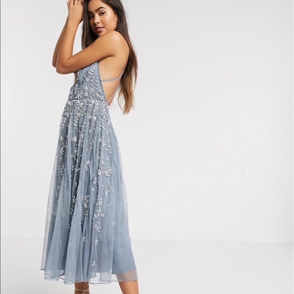 ASOS Design Slate Blue Beaded Embellished midi flare dress